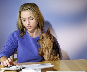 Woman with dog doing finances
