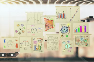 How to Calculate a Scaled Score                    Paper posters with notes and schemes on glassy wall