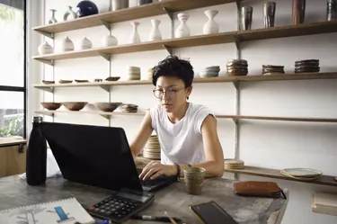 Young Asian entrepreneur working from her laptop in her store