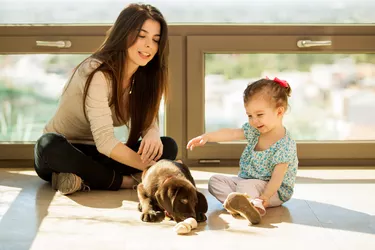 Mom and young daughter watching a puppy playing