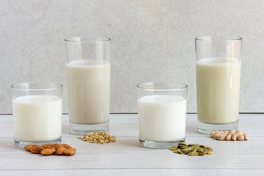 Various vega non dairy milk from nuts, seeds, cereals and legumes