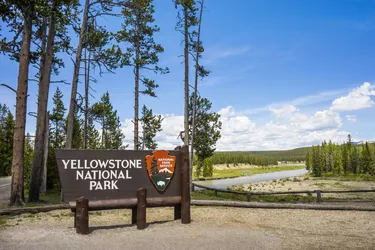 Sign for Yellowstone National Park at the South Entrance, Wyoming