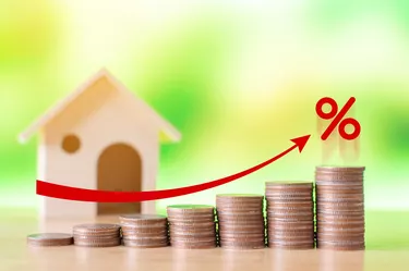 Coin stack step up graph with red arrow and percent icon, Risk management business financial and managing investment percentage interest rates concept