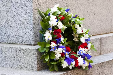 Wreath of red, white and blue flowers, copy space