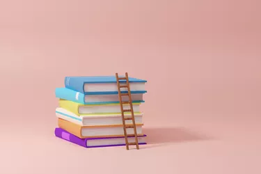 Colorful books on row with little ladder on colorful background. 3d rendering