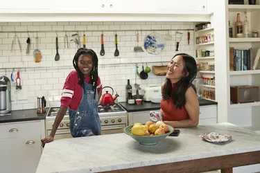 Happy friends at kitchen island