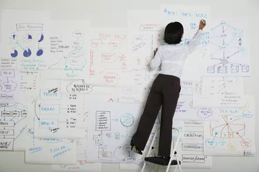 Businesswoman standing on step ladder writing on flow chart