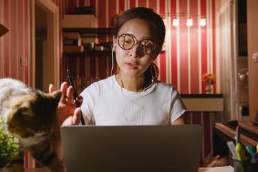 Asian businesswoman work from home at night overtime with pet(cat) interruption, video call conference or virtual meeting on laptop computerAsian businesswoman work from home at night overtime with pet(cat) interruption, video call conference or virtual m