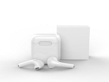 Blank promotional wireless earbuds with box package. 3d render illustration.
