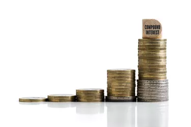 stacked coins symbolizing compound interest effect with the word "compound interest" in German