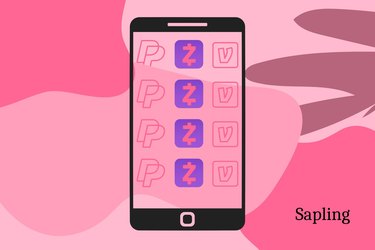 Illustration of a cell phone with paypal, zelle and venmo apps on a bubble pink background