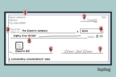 Illustration of a check made out to the electric company with call outs for the various sections of the check