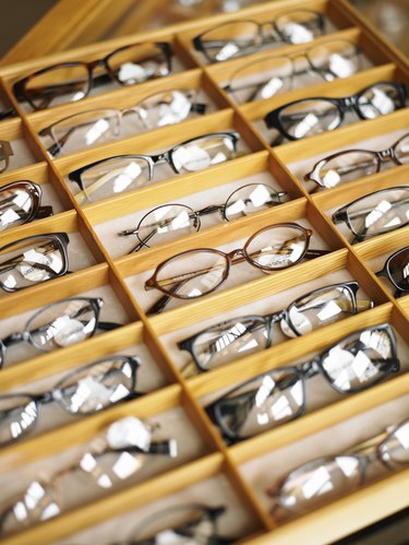 Display case of eyeglasses, close-up, high angle view