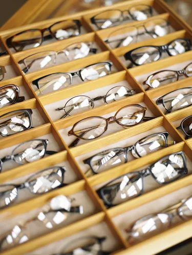 Display case of eyeglasses, close-up, high angle view
