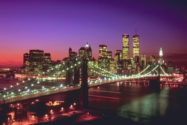Manhattan cityscape lit up at night