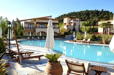 "Swimming pool at the modern luxury hotel, Halkidiki, Greece"