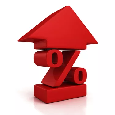 shiny red percent symbol with growing up arrow