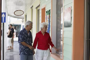 Senior Asian couple window shopping