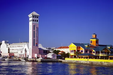 View of New Providence harbor and St. George's Anglican Church, Nassau, Bahamas, Caribbean