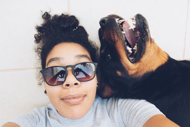 Young woman in sunglasses taking funny selfie with Rottweiler