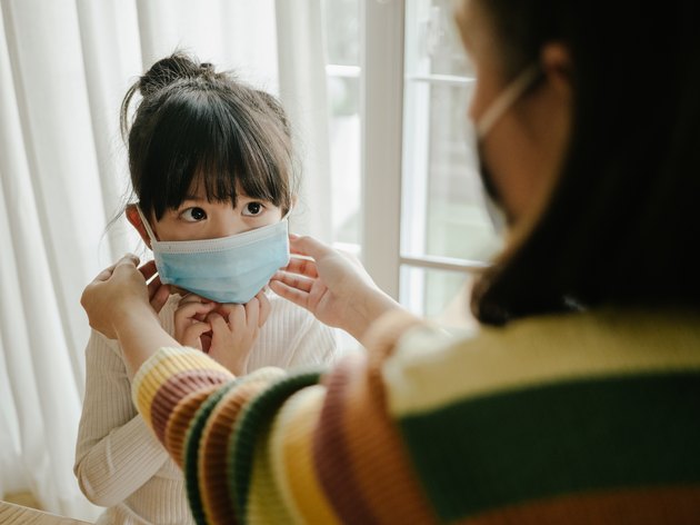 Mother and daughter in medical face protection mask