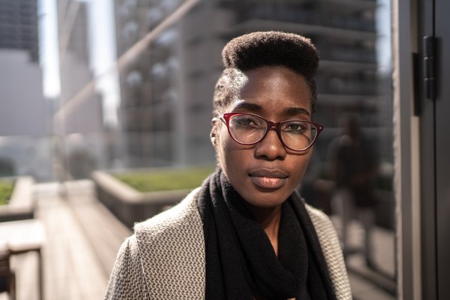 Portrait of a serious young businesswoman outdoors