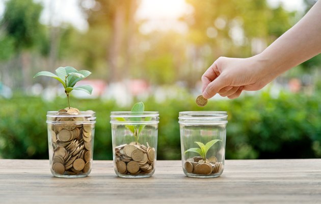 Woman putting coin in the jar with plant