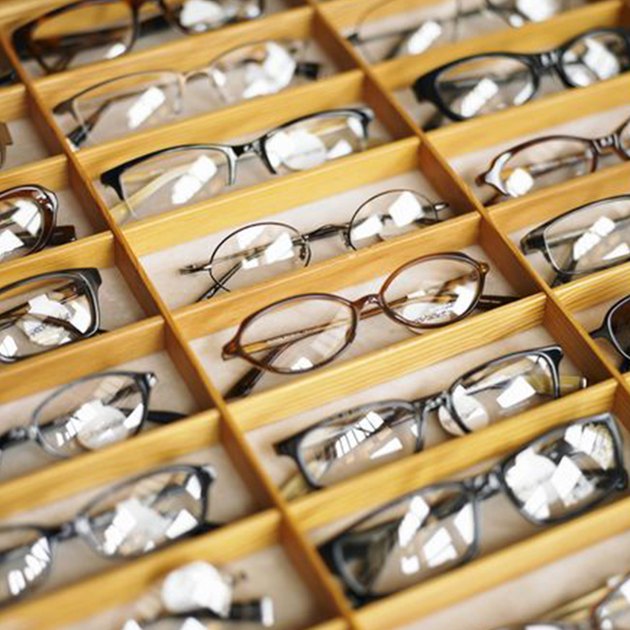Display case of eyeglasses, close-up, high angle view