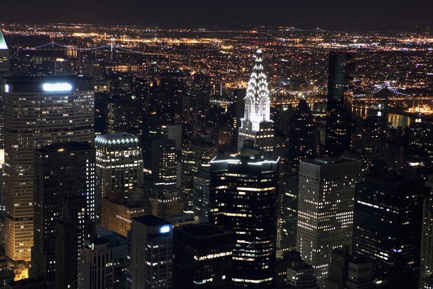 Aerial view of New York City at night, as seen from the Empire State Building, New York, NY, USA