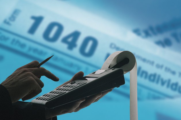 Composite of person with calculator and tax forms