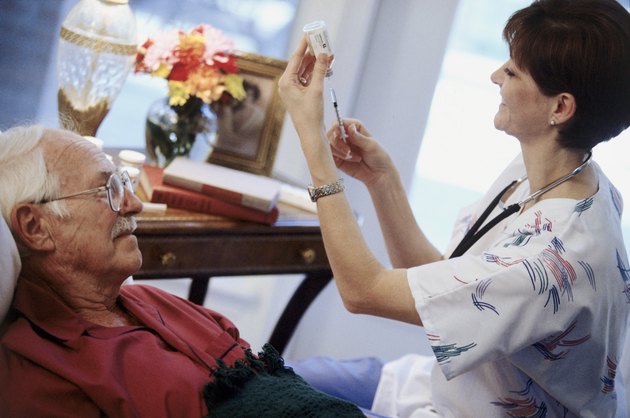 High angle view of a female nurse filling an injection