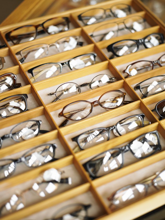 Display case of eyeglasses, close-up, high angle view