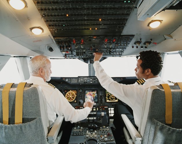 Portrait of Pilots Sitting in the Cockpit, Adjusting the Controls