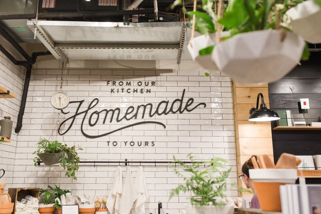 Hip eatery with word "homemade" on white glazed brick wall