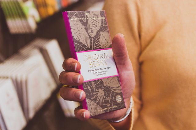 Manicured hand holding wrapped bar of fancy chocolate