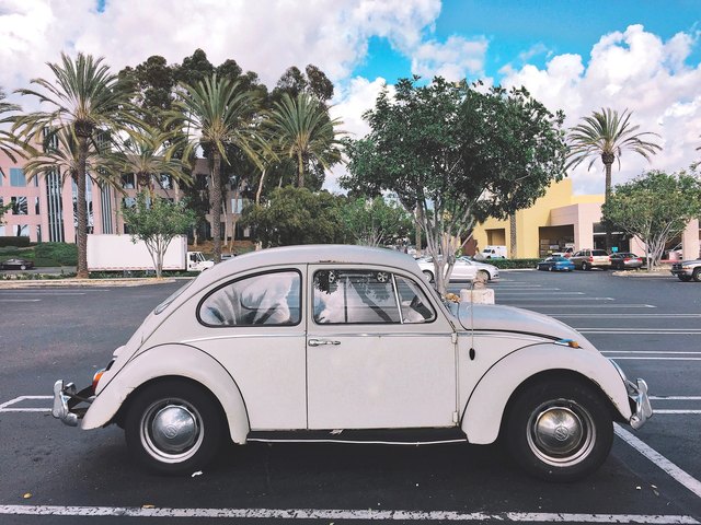 Vintage white VW Beetle in parking lot with palm trees