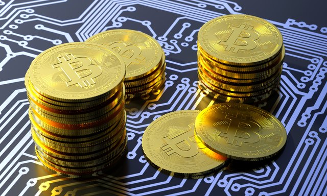 Bitcoin virtual currency on a circuit board