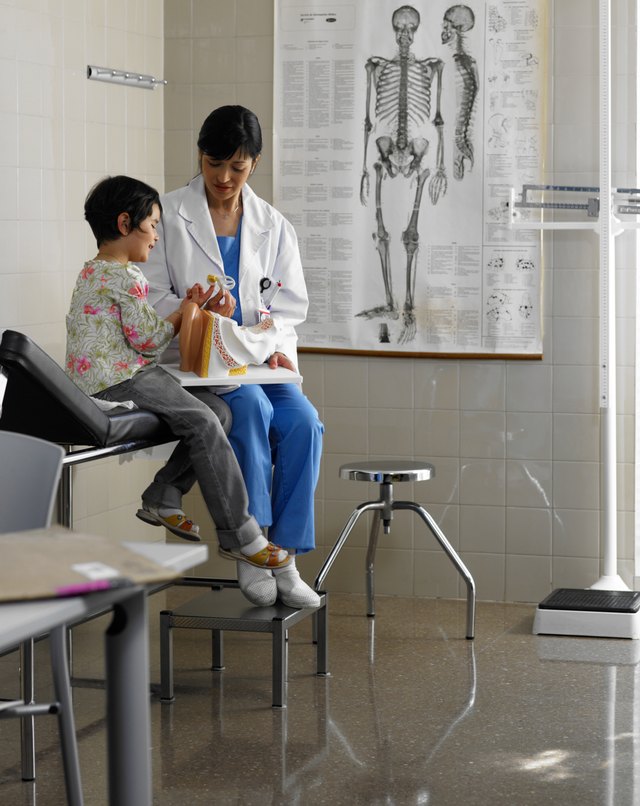 Doctor talking to girl (5-7 years) in examination room